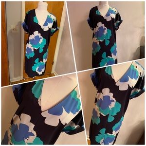Black sheath w/blue white and teal flowers